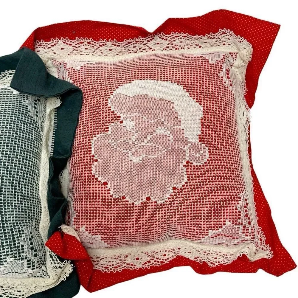 Vintage Christmas throw pillows with lace covered prints